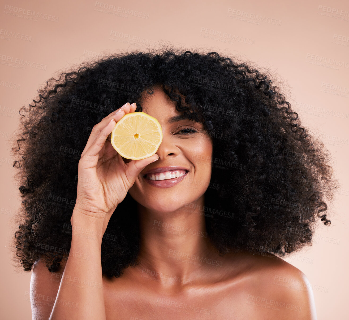 Buy stock photo Hair care, face portrait and black woman with lemon in studio isolated on a brown background. Fruit, skincare and happy female model with lemons for healthy diet, nutrition or vitamin c and minerals.