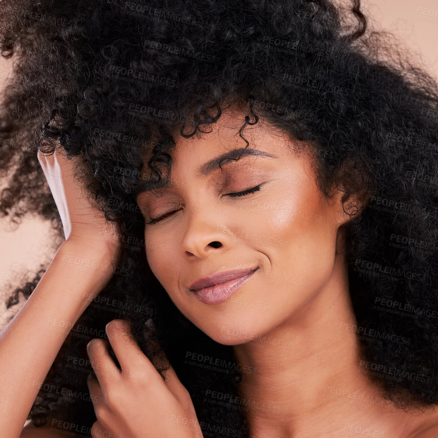 Buy stock photo Beauty, hair and skincare of black woman in studio for self care with shampoo and cosmetics. Face of aesthetic model person with natural afro and facial makeup glow or shine for health and wellness