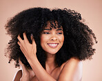 Black woman, afro hair or touching hands on isolated studio background in growth management, curly texture or skincare glow. Beauty model, happy or smile with natural hairstyle, keratin or collagen