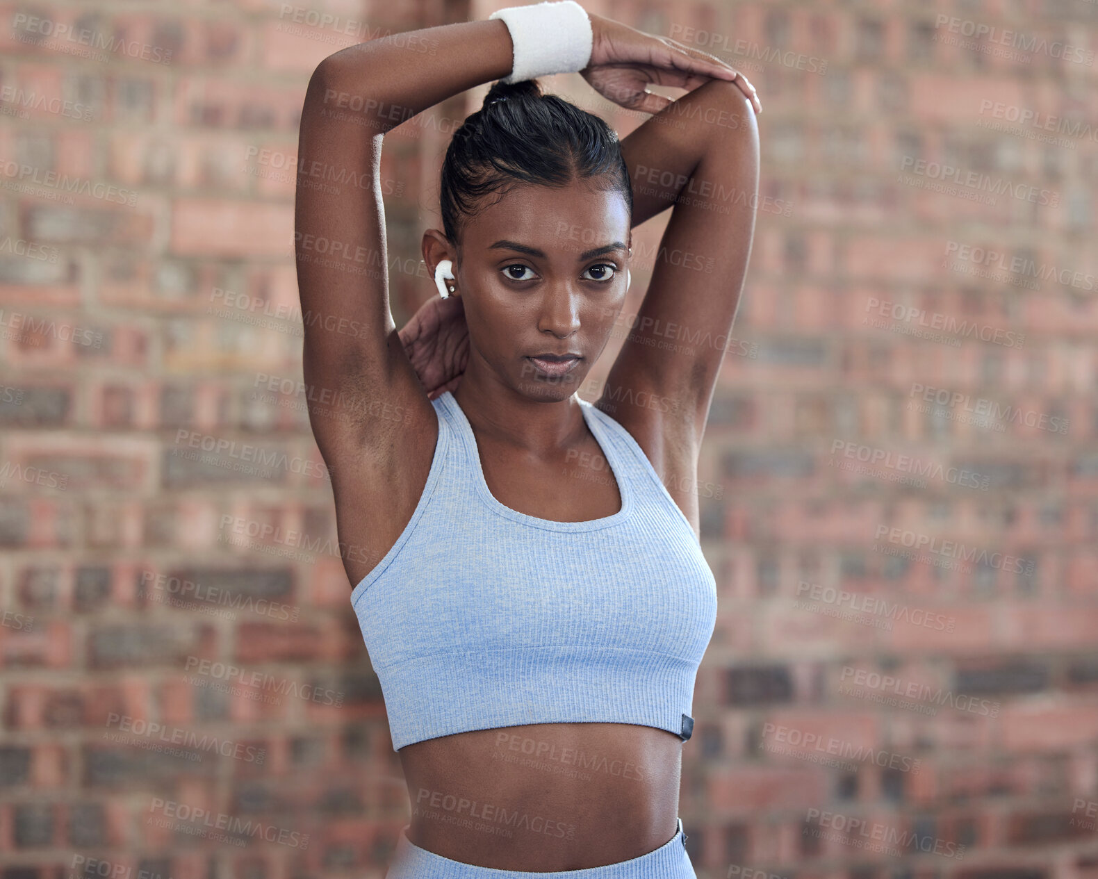 Buy stock photo Woman, fitness and stretching arms getting ready for exercise, workout or training at gym. Portrait of serious female in warm up arm stretch in preparation for sports exercising, cardio or wellness