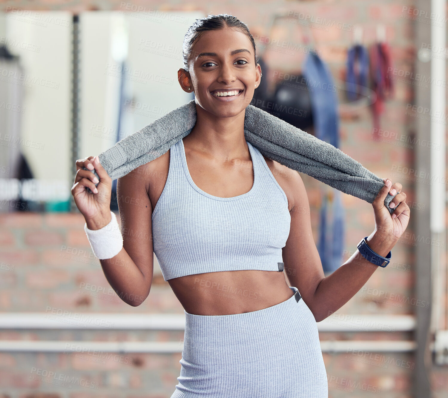 Buy stock photo Woman, fitness and portrait smile with towel to dry sweat from intense workout, exercise or training at the gym. Happy sporty female smiling ready for exercising or healthy wellness indoors