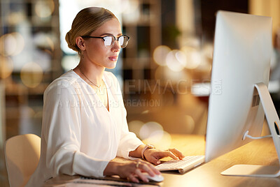 Buy stock photo Business, night and woman with computer, typing and data analysis for project, profit growth and focus. Female employee, leader and manager with pc, overtime and online reading for search website