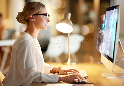 Buy stock photo Digital, cyber and woman on a computer with a hologram for web design, software and programming. 3d website, database and employee working on holographic coding as a programmer on a pc at work