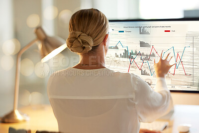 Buy stock photo Data analytics, computer screen and woman digital review, finance and market research for business growth. Monitor, statistics and graphs of professional online worker working with financial software