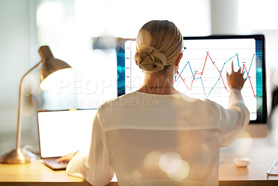 Buy stock photo Woman, computer or screen hologram for data analytics in night office for financial planning or company budget. Chart, business or 3d infographic abstract on technology for finance accountant