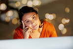 Business woman, computer or thinking in night office bokeh or financial strategy, investment growth goals or finance target. Working late, technology or worker ideas on mockup in evening budget audit