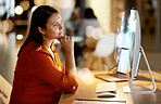Pregnant, thinking and business woman on computer for working on project, website research and planning. Corporate office, pregnancy and female worker with ideas, goals and brainstorming at desk