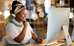 Night, business and black woman with fist, celebration and computer in office, achievement and promotion. African American female leader, ceo or manager with gesture for joy, success or profit growth