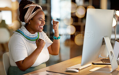 Buy stock photo Business, night and black woman with achievement, fist and computer with email, celebration and success. African American female leader, manager and ceo in workplace, profit growth and website launch