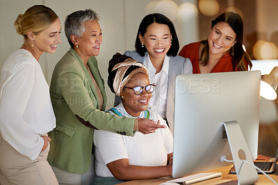 Buy stock photo Computer, management and a business woman with her team, laughing while working in collaboration at the office. Teamwork, diversity and coaching with a senior female manager training staff at work