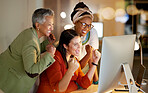 Creative business people, computer and celebration for winning, good news or team promotion at office desk. Group of female designers smile celebrating bonus, win or teamwork success by PC in startup