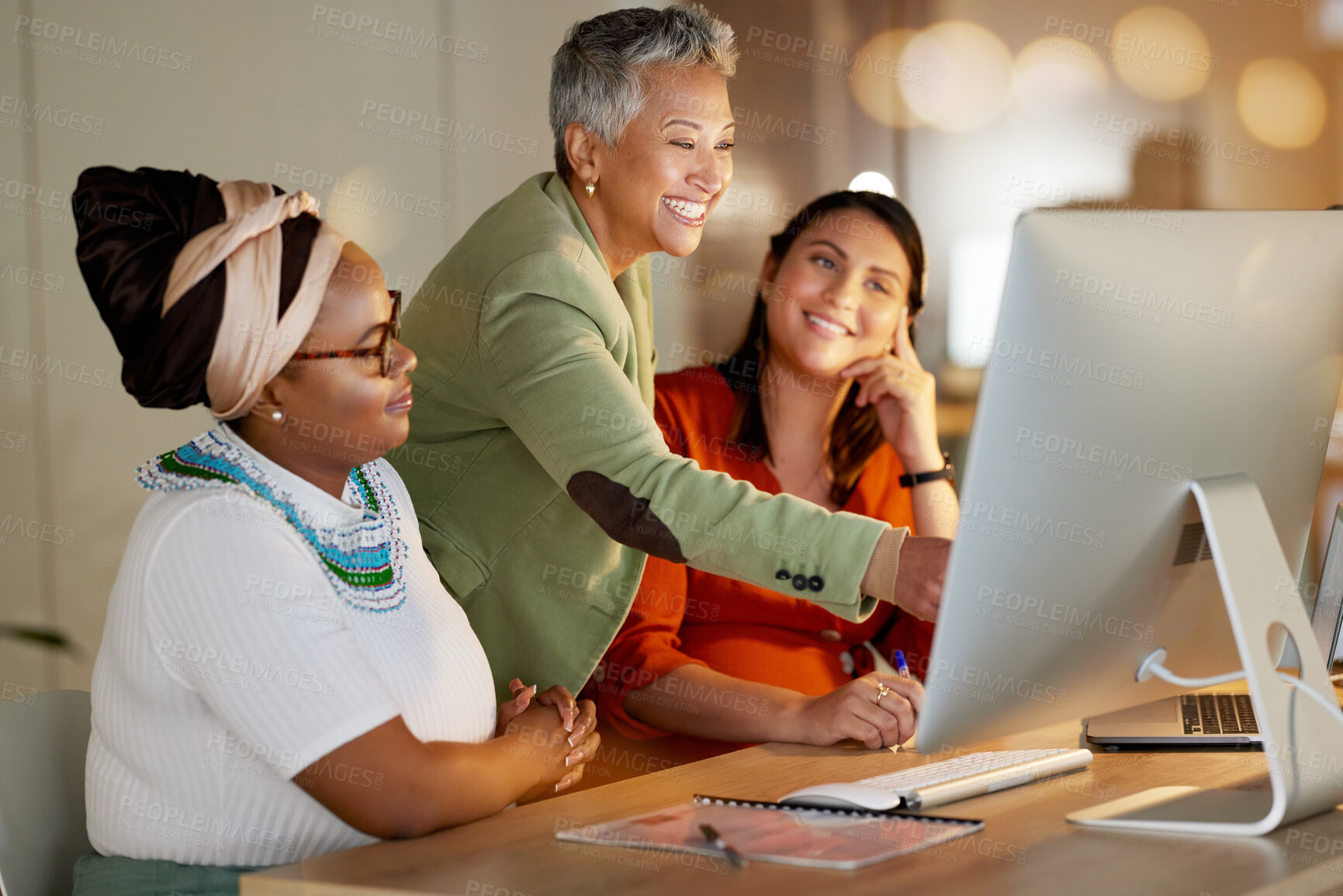 Buy stock photo Computer, office and manager helping women with research for a corporate collaboration project. Management, discussion and senior woman working on a report with a female business team in workplace.