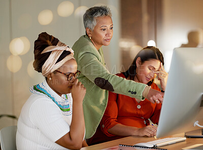 Buy stock photo Stress, business people and fail, mistake or error on computer with women and manager in office. Deadline, glitch and startup failure by ladies with anxiety, email or bad news while working at night