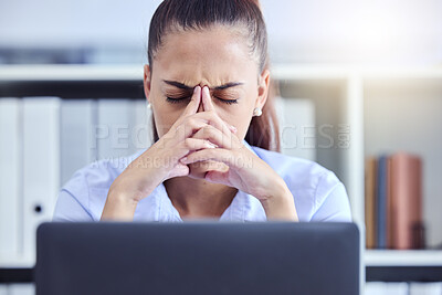 Buy stock photo Business woman, stress and depression while tired and depressed with office burnout. Professional entrepreneur person at workplace with fatigue, mental health and anxiety while working with 404 error