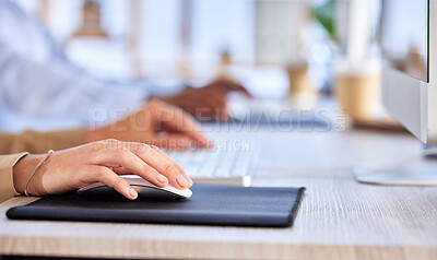 Buy stock photo Business, office and hands with mouse on desk working on research project, typing email and click online. Productivity, technology and woman with computer device for search, website and internet