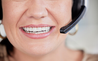 Buy stock photo Telemarketing, happy smile and mouth of woman in call center for support, sales and advice. Closeup face, lips and microphone of female agent, business consultant and crm consulting for contact us