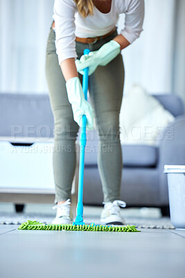 Buy stock photo Mop, cleaner and woman cleaning floor with disinfection and hygiene with housekeeping service. Maintenance, professional maid and female housekeeper, fresh clean tiles and bacteria disinfection