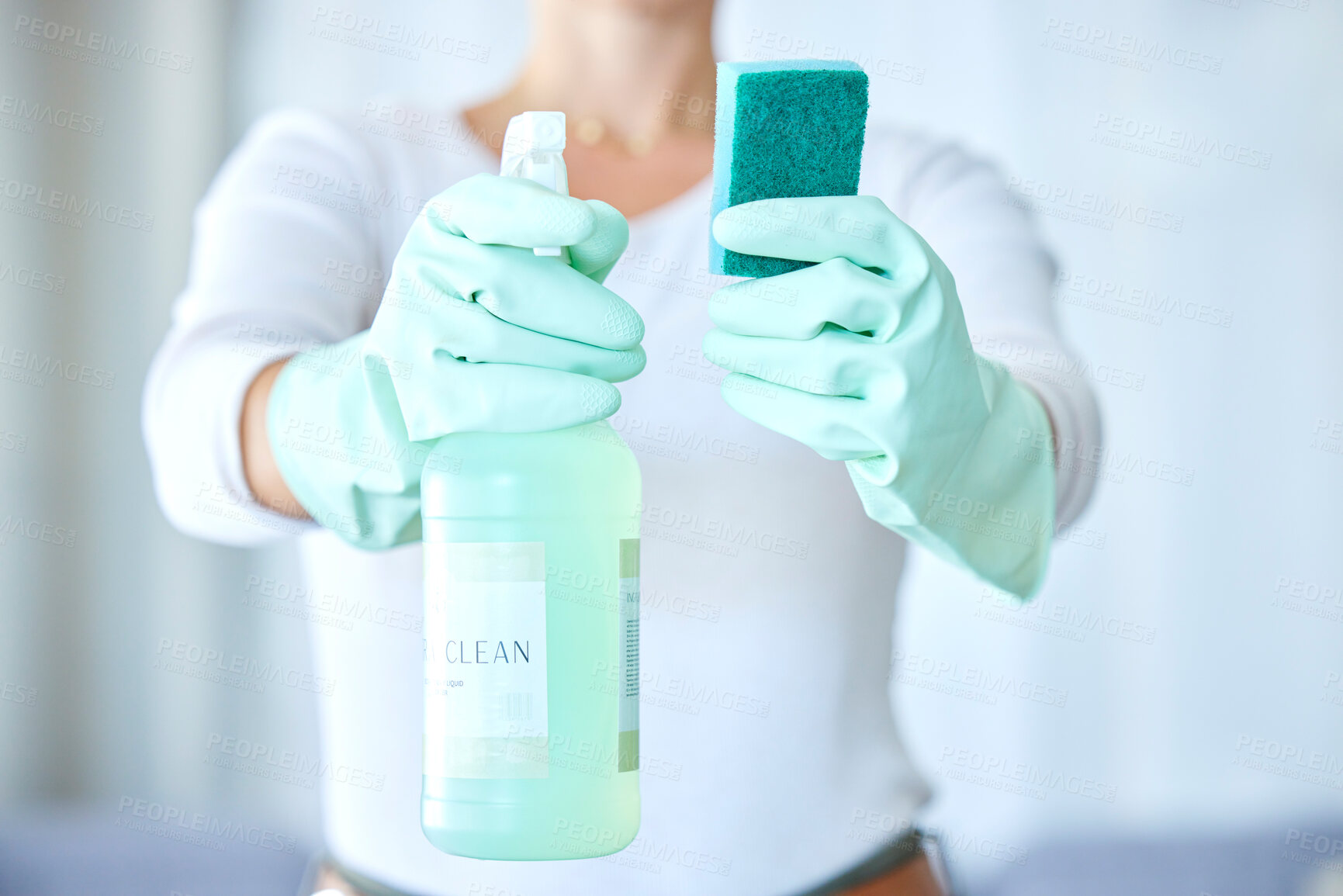 Buy stock photo Woman, hands and detergent for housekeeping, cleaning or disinfect with latex gloves in sanitary home. Hand of female cleaner holding sanitizer bottle and sponge for domestic work or clean hygiene