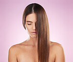 Hair, beauty and woman with skin and haircare, mockup space and keratin treatment on pink background. Cosmetics shine, grooming and hairstyle, dandruff free and cosmetic care with female and skincare