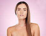 Hair, beauty and woman in portrait with haircare, face and keratin treatment on pink background. Cosmetics shine, grooming and hairstyle, skincare for healthy skin with female and cosmetic care