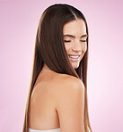 Hair, beauty and woman with face and smile, haircare with mockup and keratin treatment on pink background. Cosmetics shine, grooming and hairstyle, skincare and cosmetic care, skin glow and happy