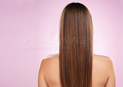 Buy stock photo Hair, beauty and woman with back and haircare, mockup space and keratin treatment on pink background. Cosmetics shine, grooming and hairstyle, dandruff free and cosmetic care with female rear view