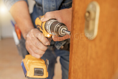 Buy stock photo Locksmith, maintenance and handyman with drill, home renovation and fixing, change door locks with power tools. Construction, building industry and trade with manual labour, diy and house repair