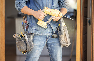 Buy stock photo Diy, man and drill for construction, building or home repair, renovation and improvement. Equipment, handyman and male ready for maintenance, architecture or design, creation and creative at home