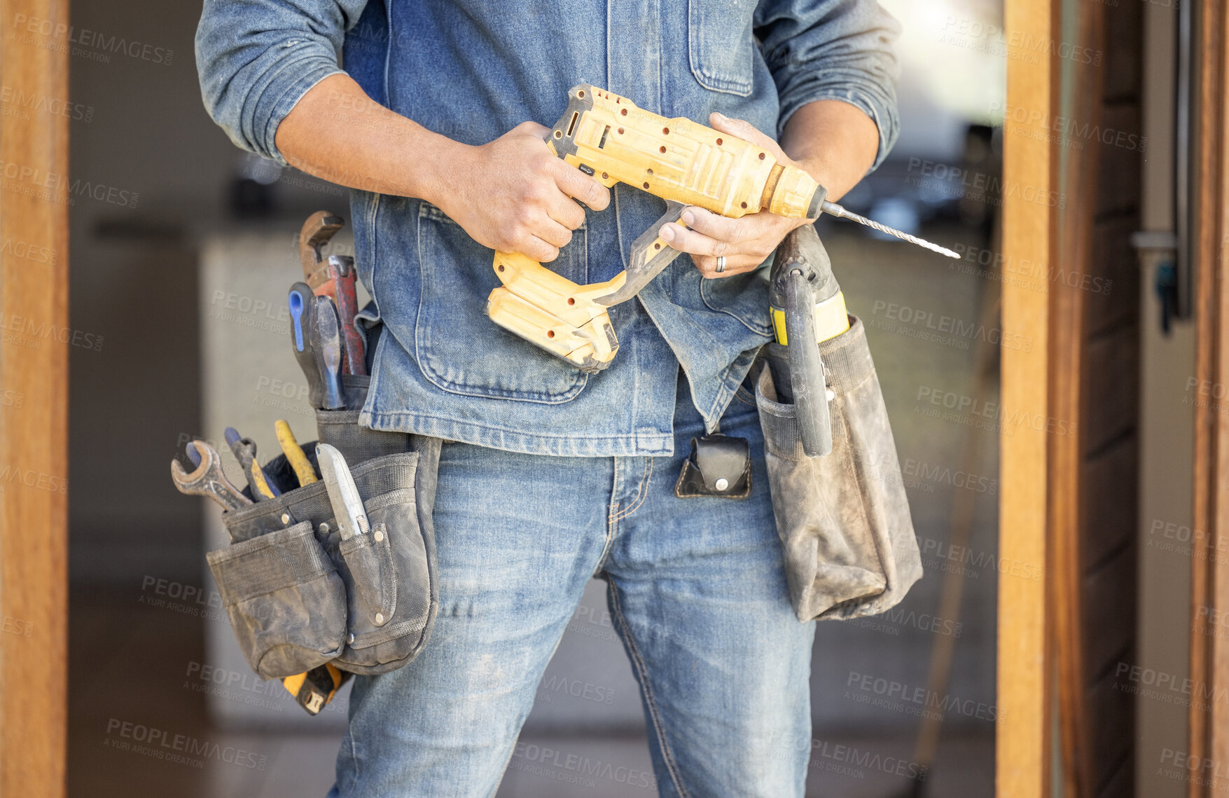 Buy stock photo Diy, man and drill for construction, building or home repair, renovation and improvement. Equipment, handyman and male ready for maintenance, architecture or design, creation and creative at home