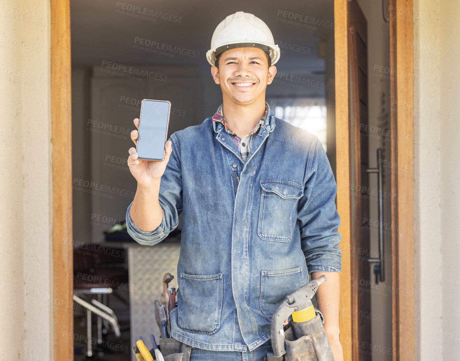 Buy stock photo Construction worker, man in portrait and phone, screen with mockup and contact, digital marketing and handyman. Home renovation, maintenance and industry trade promo with product placement advert