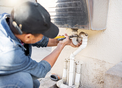 Buy stock photo Man, plumber and wrench for water pipes of building maintenance, renovation and builder service. Handyman, pipeline and plumbing tools for leak, drainage and installation of system, sink and repair