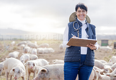 Buy stock photo Portrait, pig or veterinarian writing on farm with animals, livestock wellness or agriculture checklist. Smile, face or senior happy woman working to protect pigs healthcare for barn sustainability