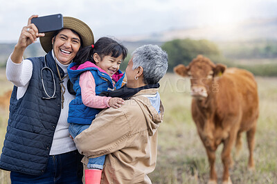 Buy stock photo Farm, selfie and grandparents with girl in countryside for holiday, vacation and adventure on cow field. Agriculture, family and photo of child with grandma for relaxing on ranch, farming and nature