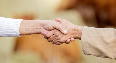 Buy stock photo Farmer, handshake or b2b partnership deal for sustainability, agriculture or meat production on grass field. Success, shaking hands or people meeting in collaboration on cattle farming small business