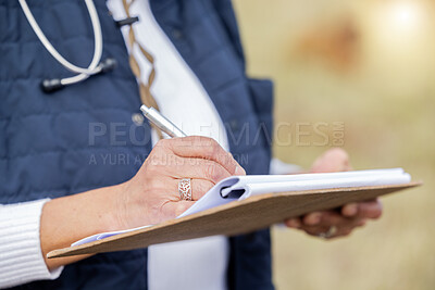 Buy stock photo Veterinarian, farm or hands writing a checklist to monitor medical wellness or agriculture on field. Zoom, clipboard or person working to protect healthcare for barn sustainability in nature or land