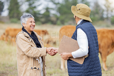 Buy stock photo Farm, handshake and teamwork with a woman in agriculture saying thank you to a colleague for sustainability. Farming, shaking hands and collaboration with a cattle farmer women in partnership