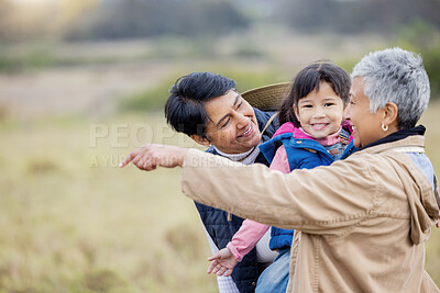 Buy stock photo Farm, agriculture and parents with girl in countryside for holiday, vacation and adventure on grass field. Farming, family adoption and happy child with lesbian couple for quality time on ranch