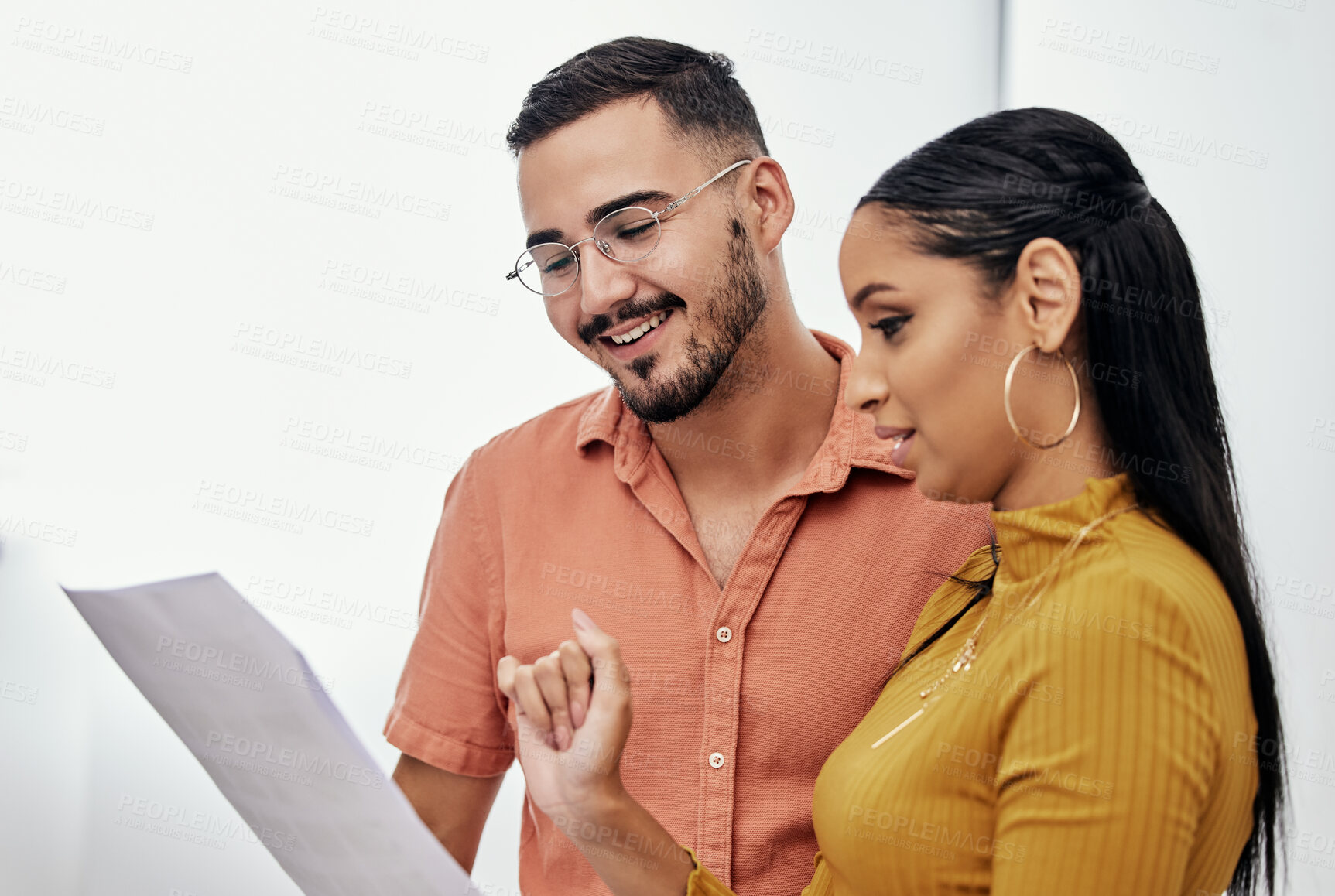 Buy stock photo Document, collaboration and team in discussion in the office while reading corporate information. Teamwork, paperwork and business people talking, planning and working on company project in workplace