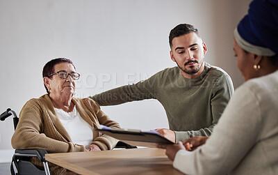 Buy stock photo Legal, reading contract with senior woman planning on documents for family law, loan and agreement. Lawyer, financial advisor and consulting with man and mother for retirement deal compliance review 