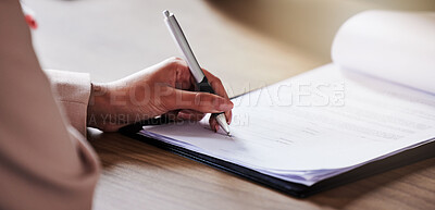 Buy stock photo Legal, hands and contract sign with woman planning on documents for partnership, b2b and agreement. Lawyer, financial advisor and paperwork signature for compliance, deal review or insurance policy