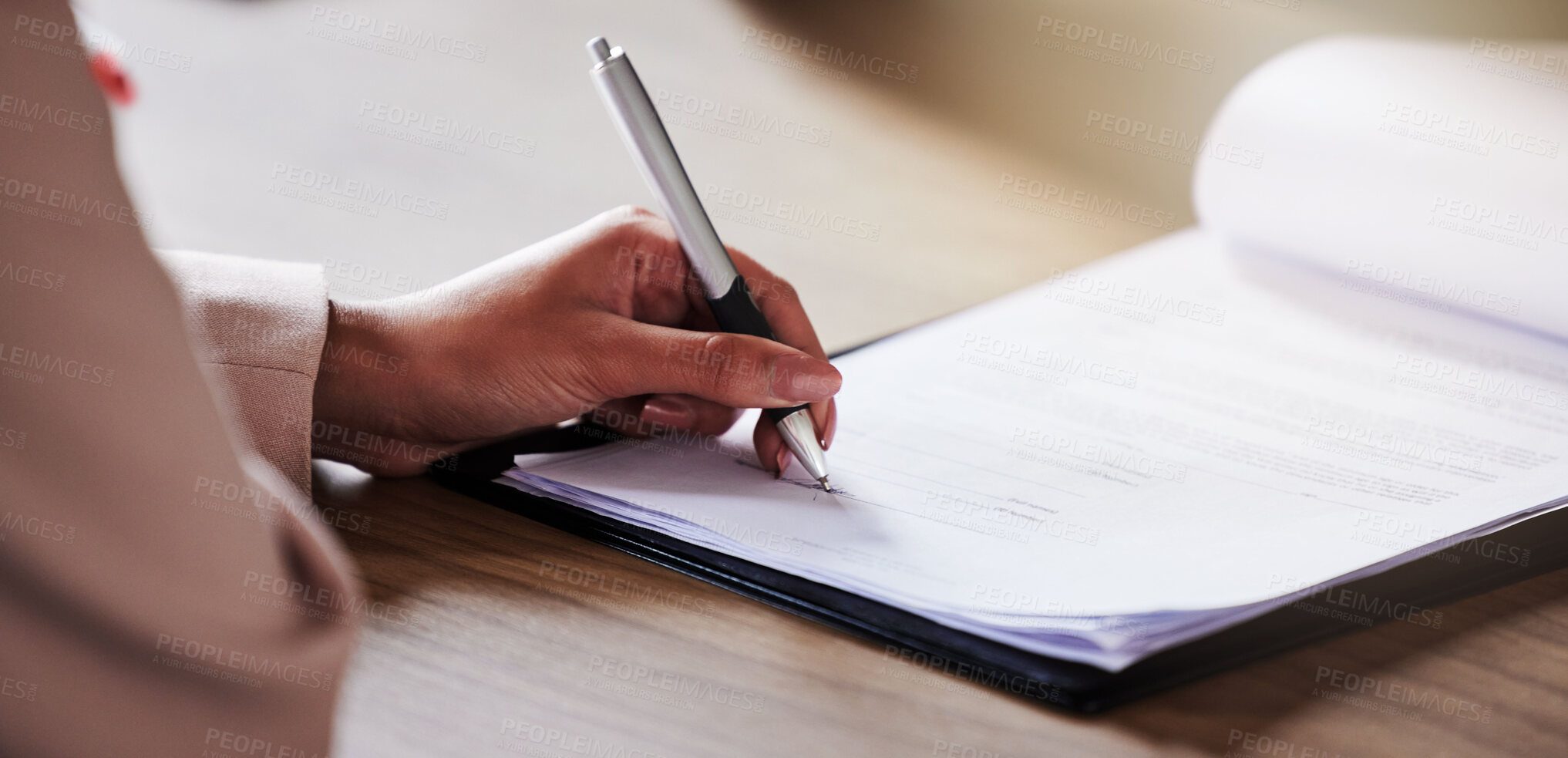 Buy stock photo Legal, hands and contract sign with woman planning on documents for partnership, b2b and agreement. Lawyer, financial advisor and paperwork signature for compliance, deal review or insurance policy