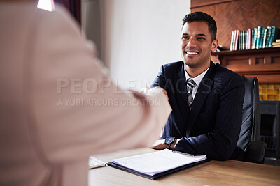 Buy stock photo Hiring, handshake and man in office for job interview, recruitment and hr meeting. Businessmen, shaking hands and b2b contract, investor or synergy, welcome or collaboration partnership