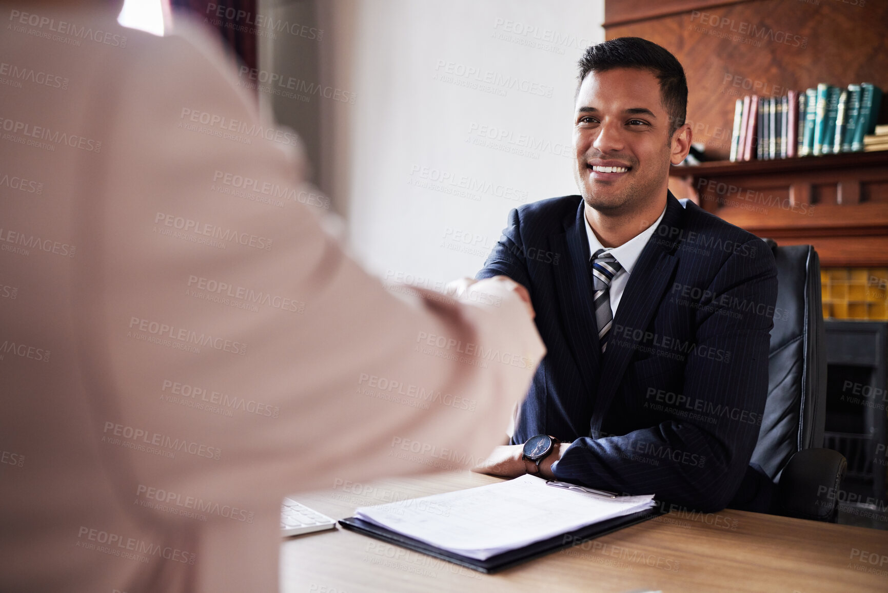 Buy stock photo Hiring, handshake and man in office for job interview, recruitment and hr meeting. Businessmen, shaking hands and b2b contract, investor or synergy, welcome or collaboration partnership