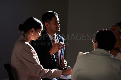 Buy stock photo Business people, meeting and leader with idea, goal or vision for startup, company or integration in office. Partnership, planning and collaboration by team in innovation, strategy or negotiation  