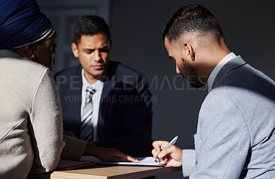 Buy stock photo Business people, law firm and signing contract agreement, policy or form in development process on table. Male attorney or corporate lawyer filling application for b2b, collaboration or partnership