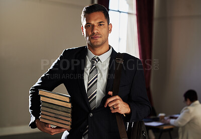 Buy stock photo Legal books, serious portrait and lawyer research law firm, office management or justice learning study. Financial advisor, knowledge focus and Mexico government man, consultant or attorney education