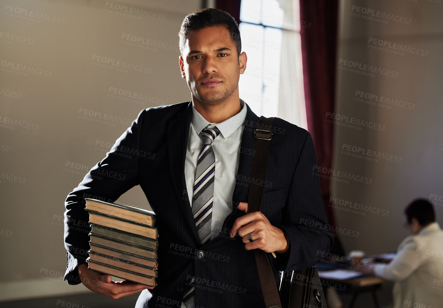 Buy stock photo Legal books, serious portrait and lawyer research law firm, office management or justice learning study. Financial advisor, knowledge focus and Mexico government man, consultant or attorney education