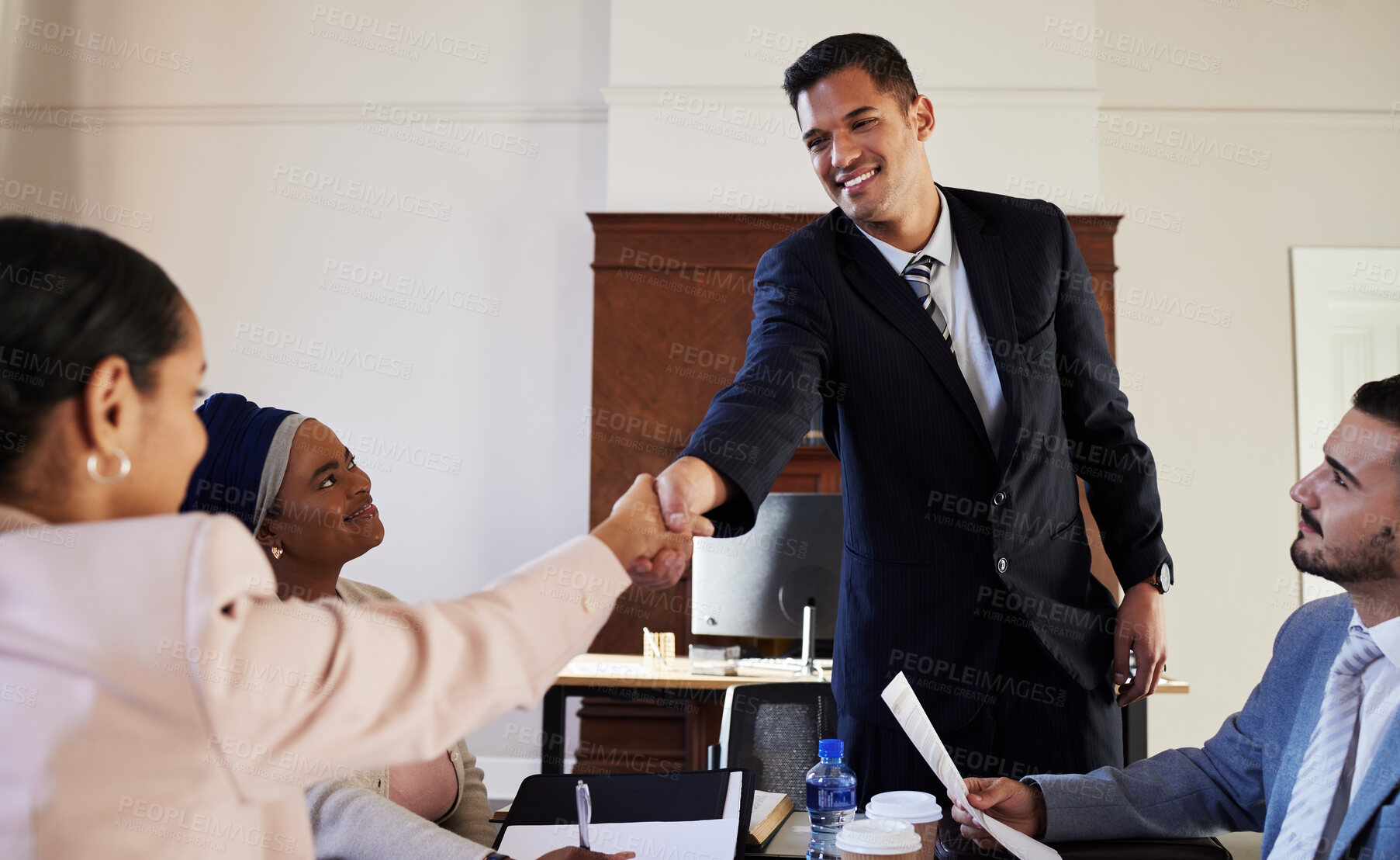 Buy stock photo B2B, support and handshake business people welcome, partnership and hiring contract success deal or networking. Trust, thank you and collaboration lawyer shaking hands for corporate meeting review
