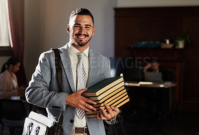 Buy stock photo Legal books, happy portrait and man research law firm, office management or justice learning study. Financial advisor, knowledge and lawyer smile, Portugal government consultant or attorney education