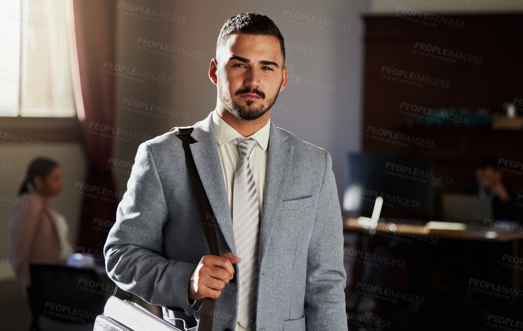 Buy stock photo Law firm, portrait or business man confident for legal work, office consultation or justice career mission. Advisor, government consultant or Spain manager, lawyer or serious attorney focus on vision